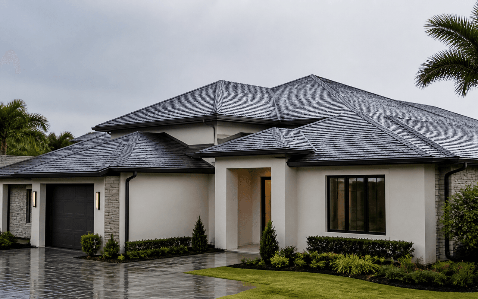 A finished Florida roof after rain, with clean flashing and drainage lines