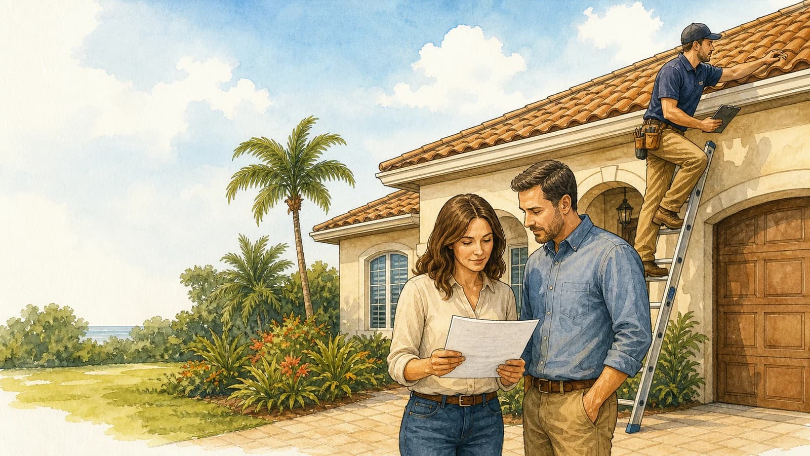 Florida homeowners reviewing a roofing contract while a roof inspector examines a stucco home