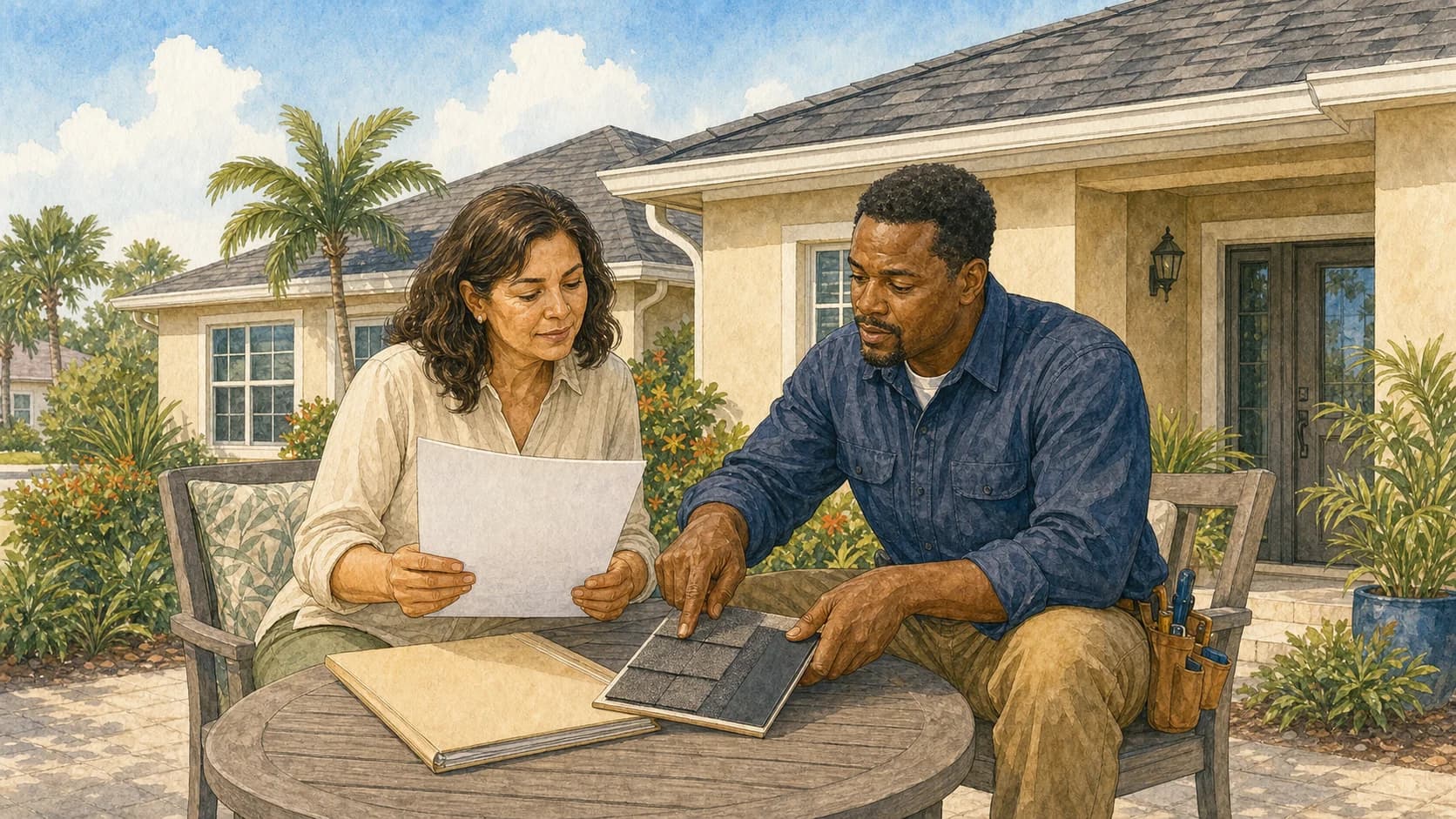 A Florida homeowner and roofer review an estimate and roofing-material samples before signing