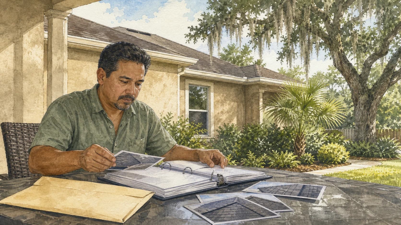 A Jacksonville homeowner organizes roof closeout records at a patio table