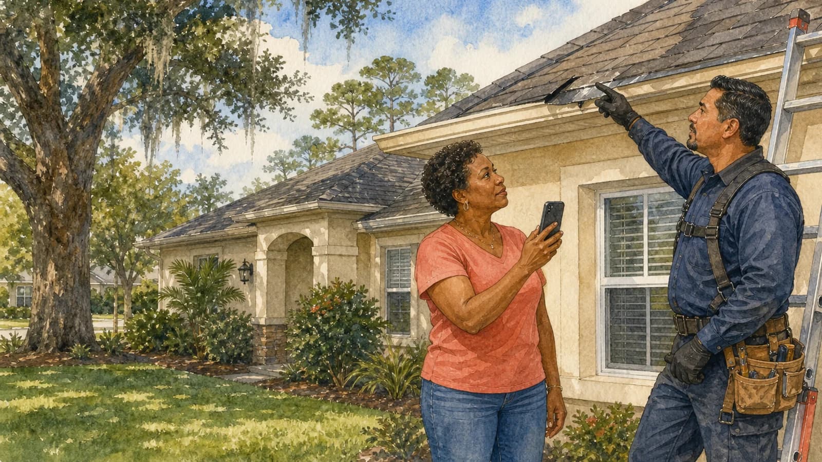 A Jacksonville homeowner and roofing professional discuss a roof concern outside a stucco home