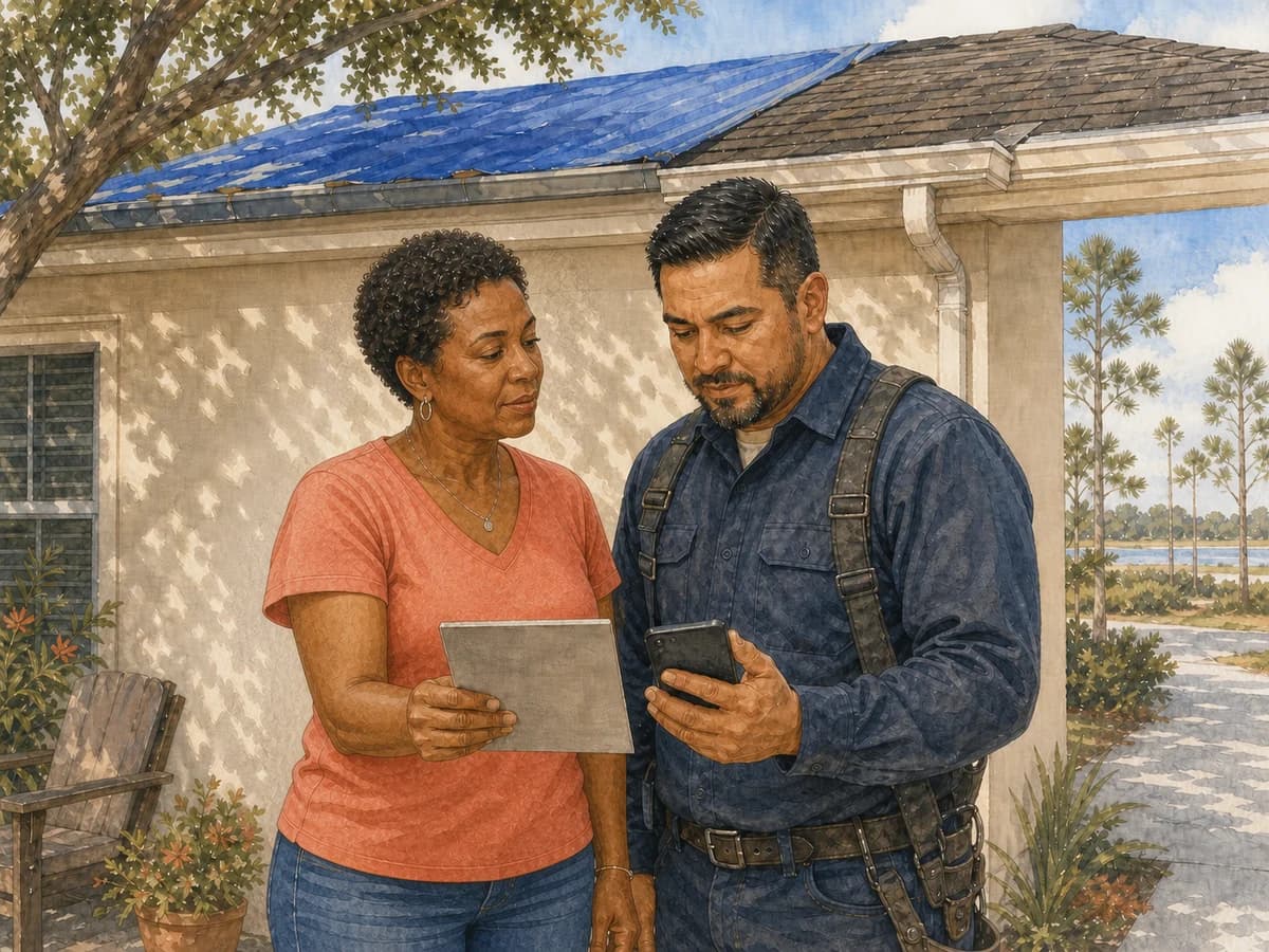 The same Jacksonville homeowner and roofer from the opening illustration review a roof material sample and phone